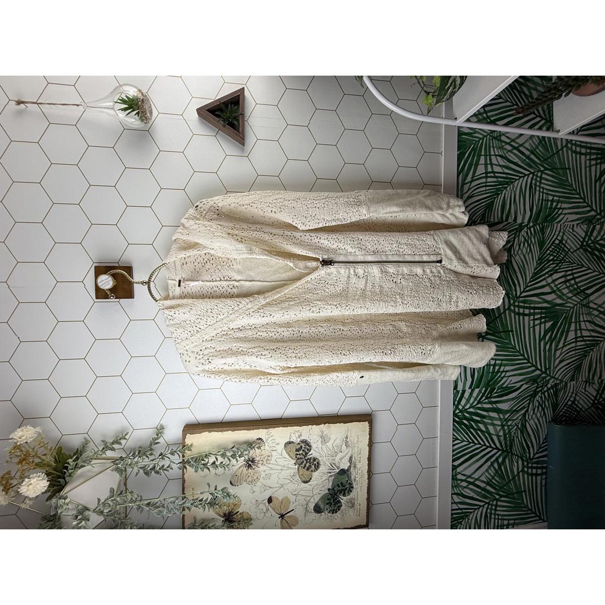 Free People Oversized Ivory Doily Cardigan Side Zip-Up Jacket - Size - Small